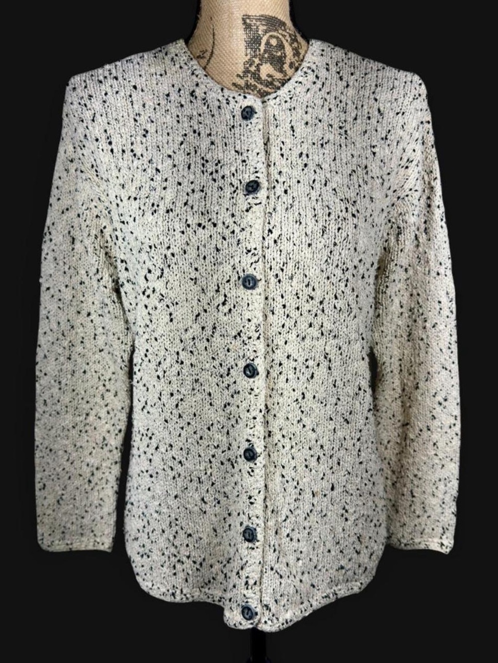 Talbots Silk Cotton Speckled Nubby Knit Cardigan Cream Black Button Front